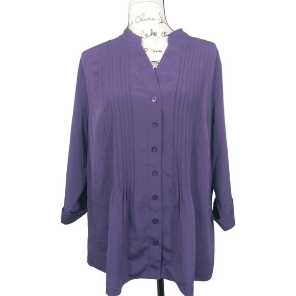 Essentials Purple Button Up Pleated Blouse Career Office Size 1X - Picture 1 of 7